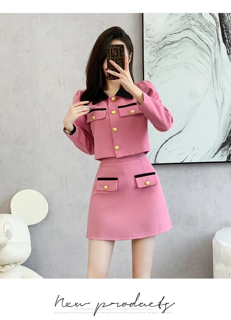春秋ショートミニボディコンスーツスカートシングルブレストコート甘い
