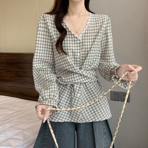 2色／Vネックカシュクールチェックトップス ・74416