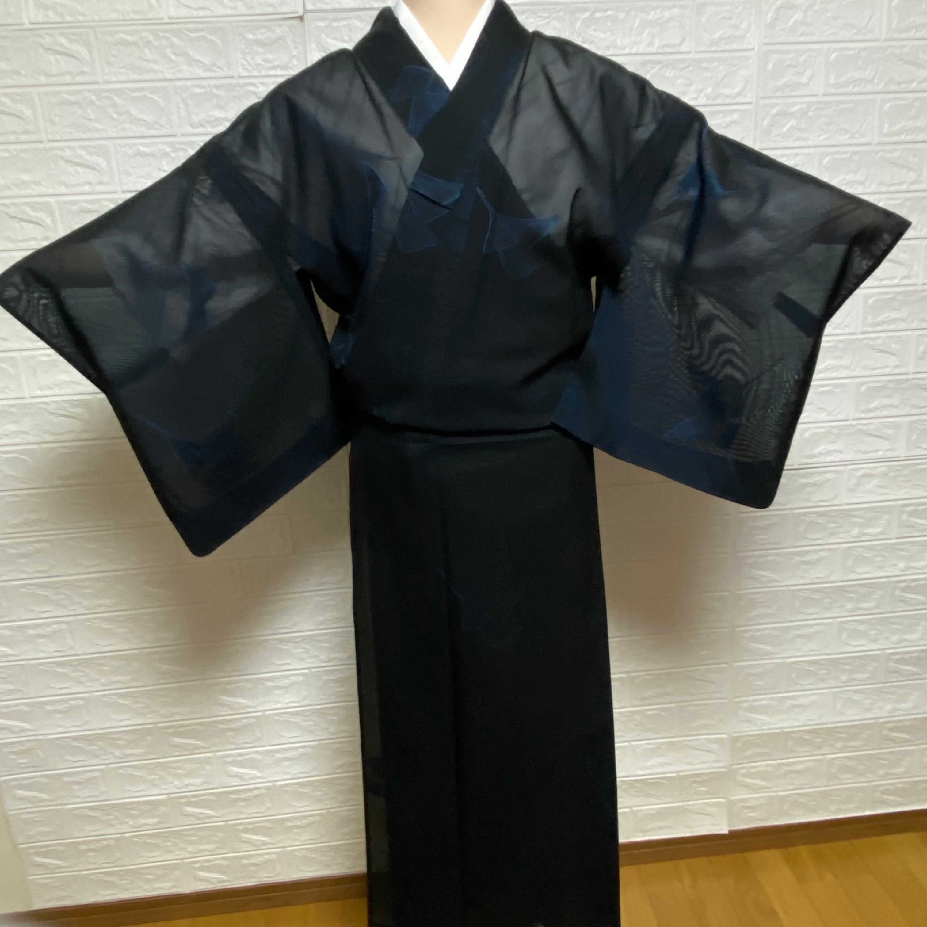 薄物 紗】夏着物 小紋 葉模様 黒色 紺色 着物 和洋 清涼感 昭和レトロ