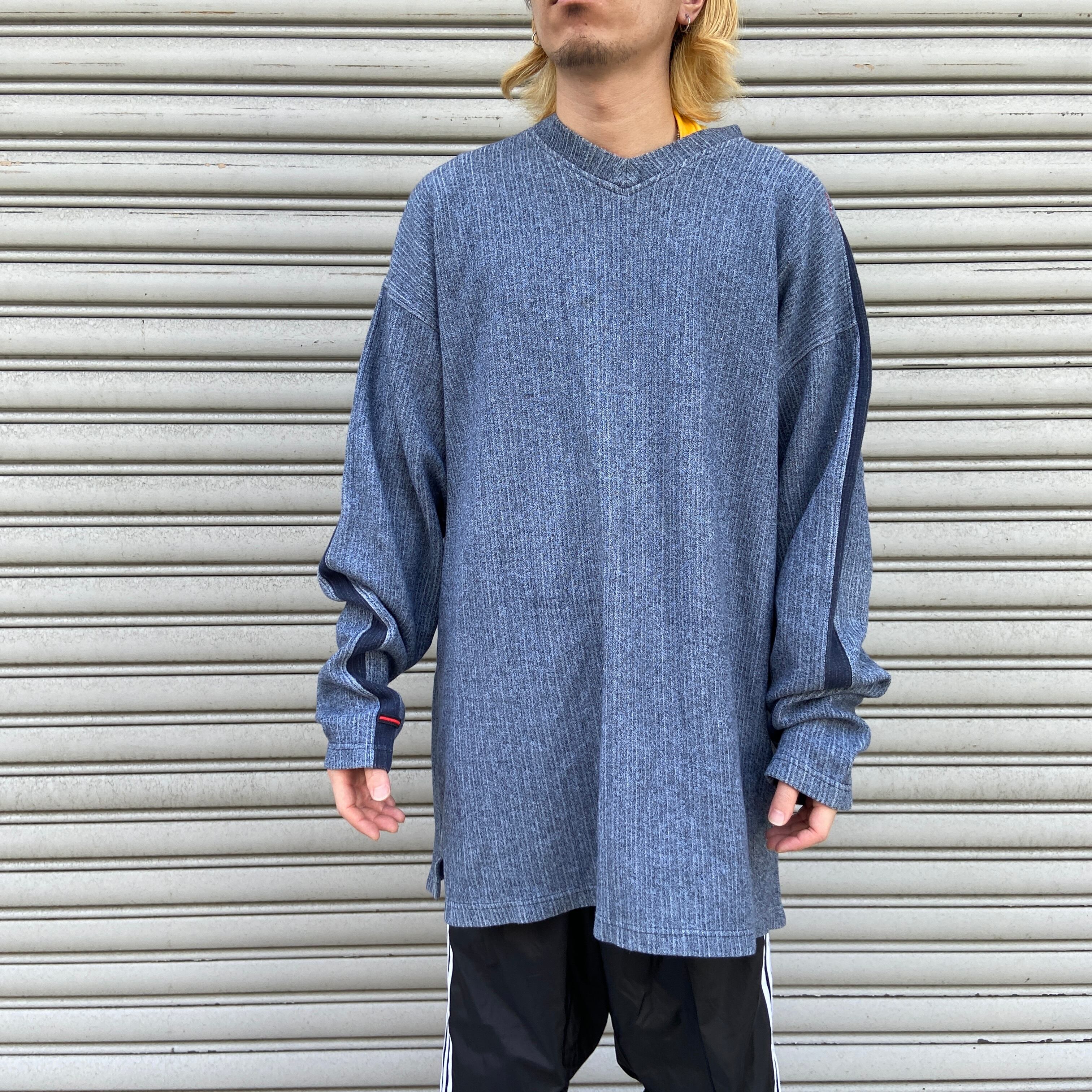 送料無料』90s FUBU フブ Vネック袖ラインコットンニット 刺繍ロゴ XXL 