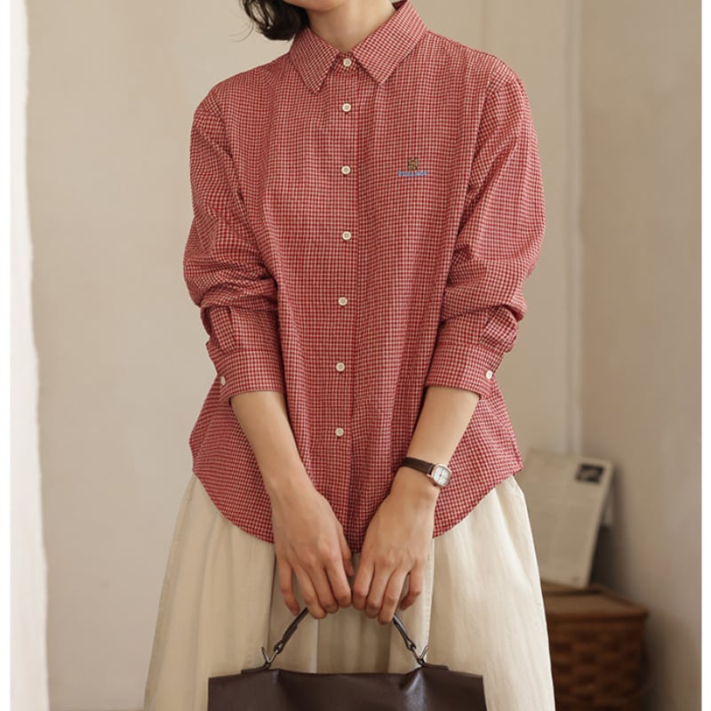 ギンガムチェックワンポイント刺繍シャツ M2601