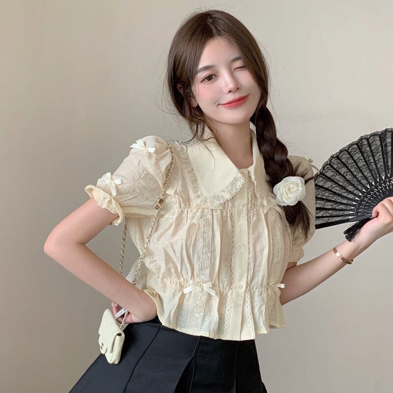 スタイルスタンダードレースカラースリーブショートシャツ トップス レディース レトロ ハンチェンe69715239743