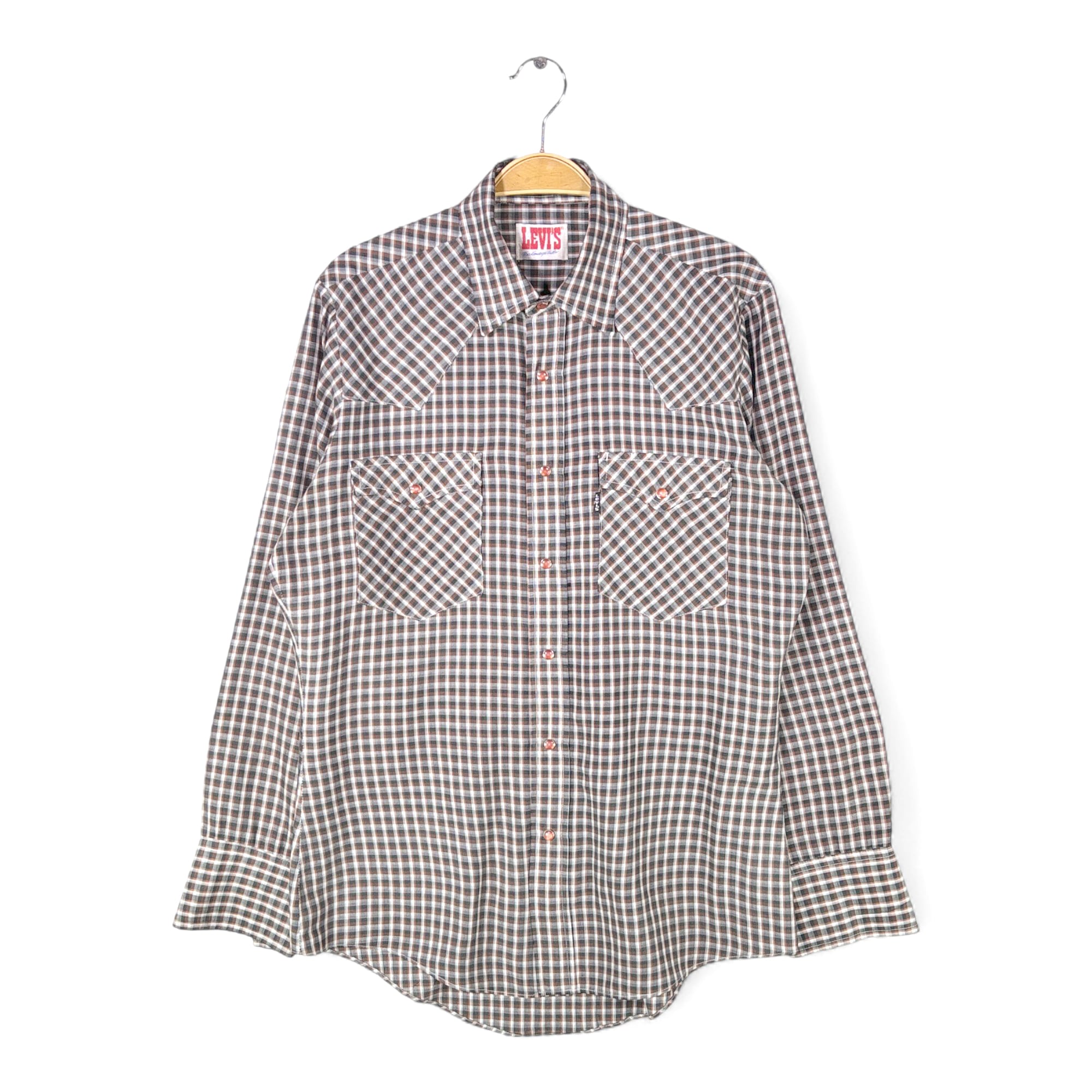 80s リーバイス ヴィンテージウエスタンシャツ こげ茶チェック 長袖シャツ Levis メンズM 古着 @CA1467