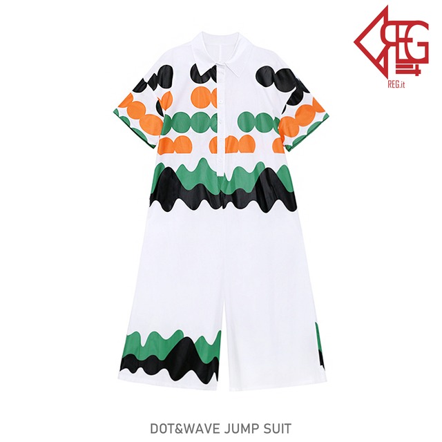 【REGIT】DOT&WAVE JUMP SUIT-WHITE S/S 韓国ファッション オールインワン つなぎ ジャンプスーツ 半袖 個性的 ドット ユニセックス 10代 20代 着映え 映える ネット通販 TAC010