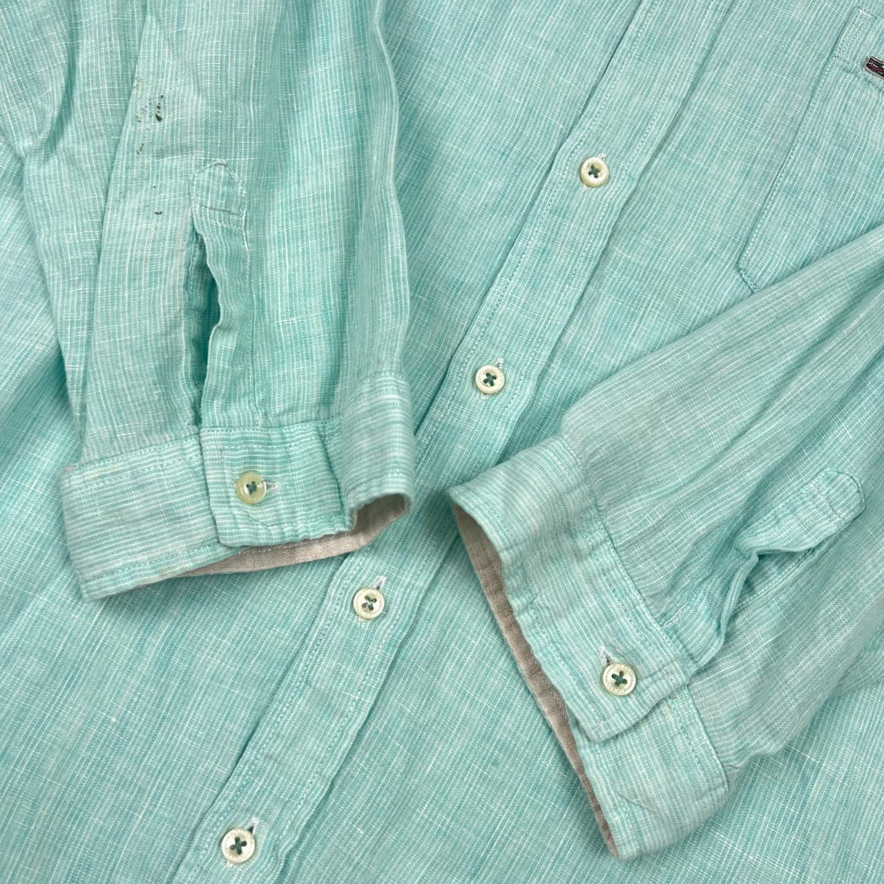 リネン100% Crocodile クロコダイル BD ボタンダウン 七分袖シャツ LL/水色系 メンズ