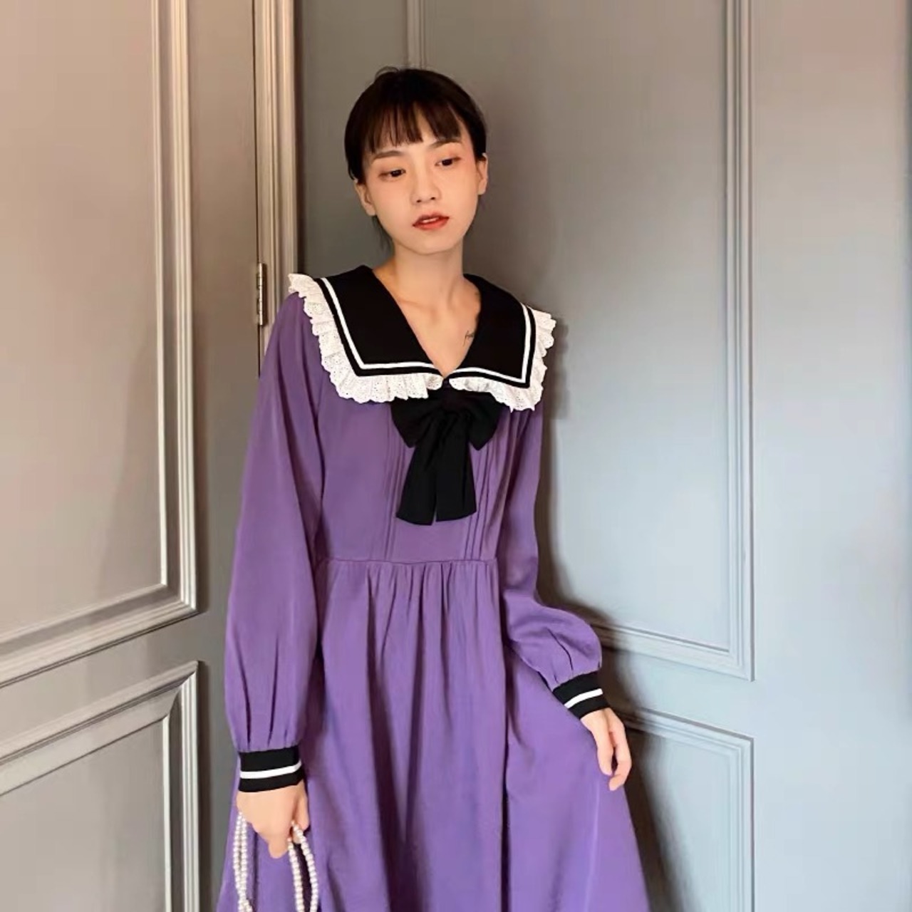 紫 セーラー ワンピース リボン 制服 パープル | LOVEYsmileSHOP