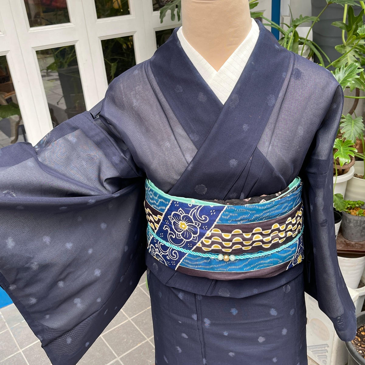 アンティーク着物 夏着物 紗 ssize ゆったりサイズ 濃紺 水玉 銀糸 低 