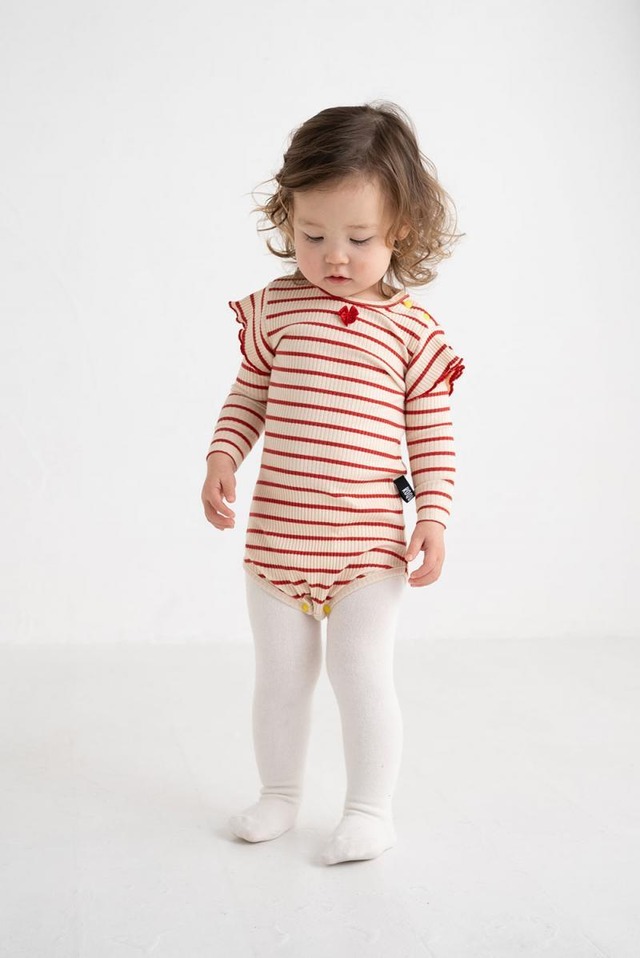 【25AW】KOQUELIKO(コキュリコ)Frill baby body red border(XXS/XS)ロンパース 赤白 ボーダー