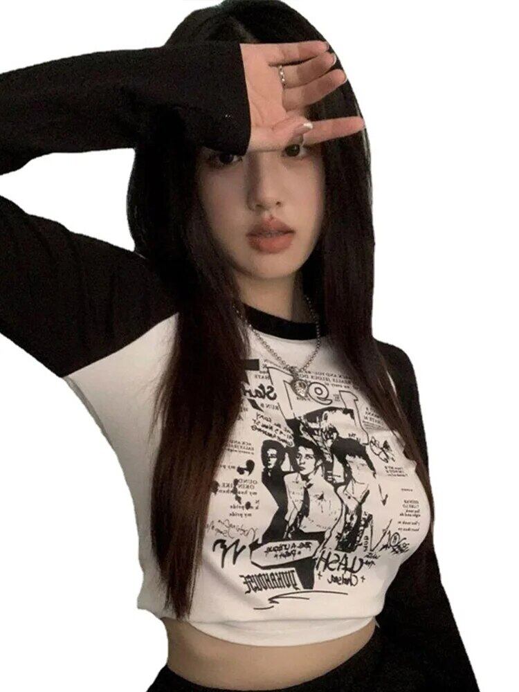 Y2k-黒と白の縫い目が付いたTシャツ,タイトな長袖トップス,対照的な色