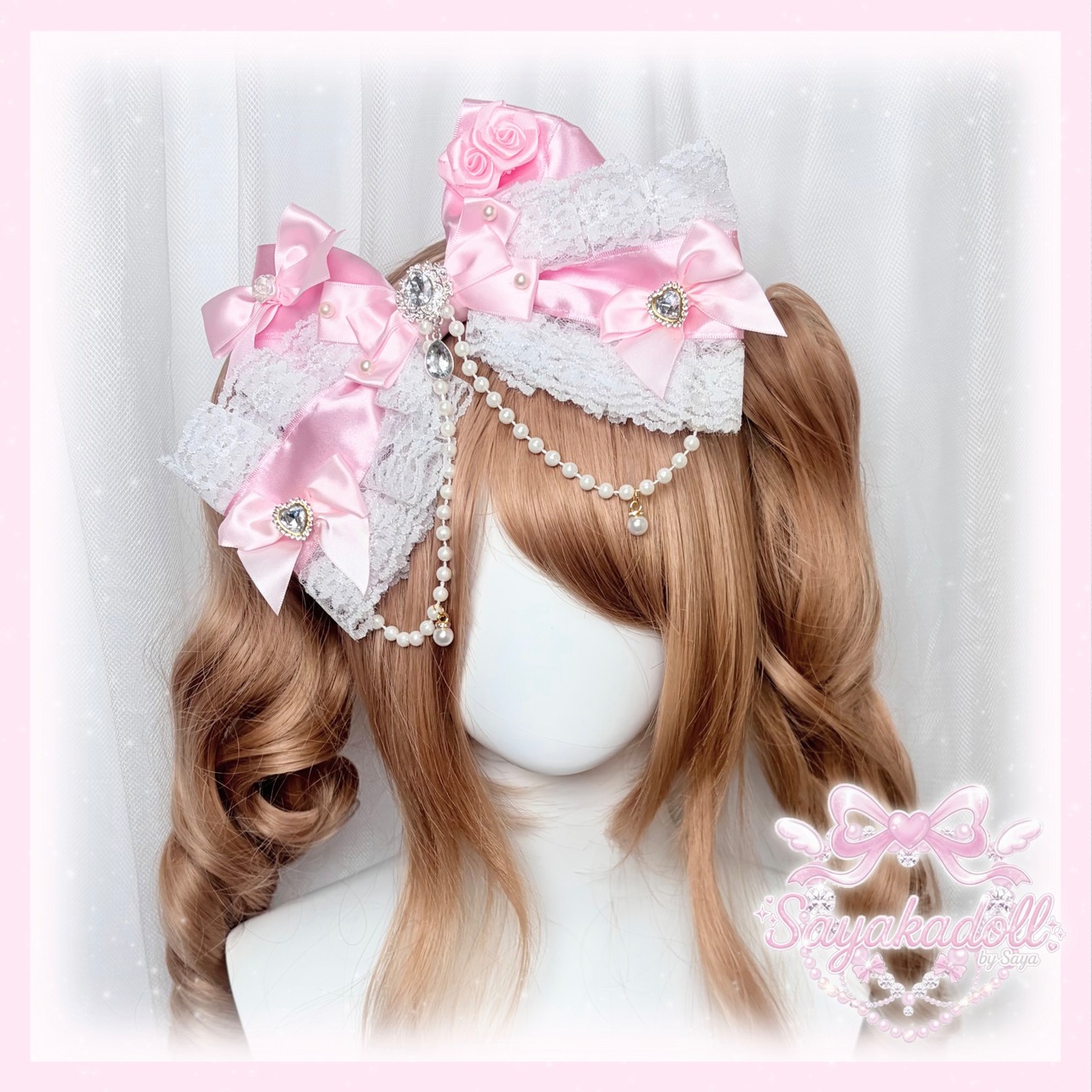 ♡ 姫GAL パールチェーン＆ビジューハート リボンヘアクリップ pink ♡