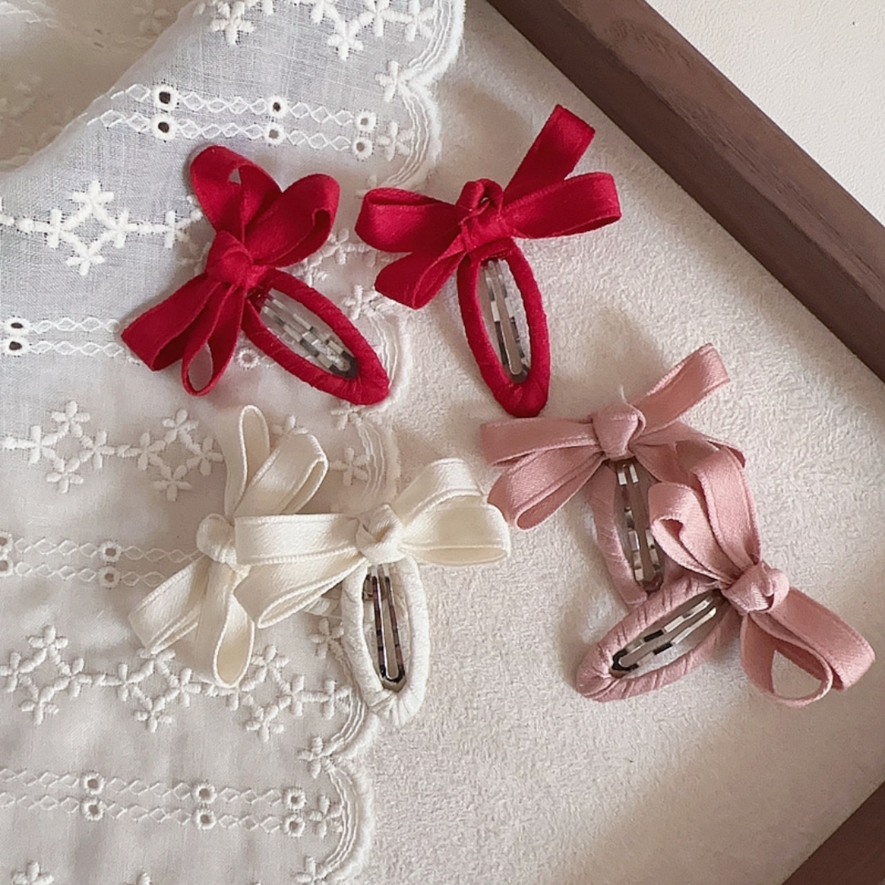 GOODSリボン付き落葉色綿ヘアピン