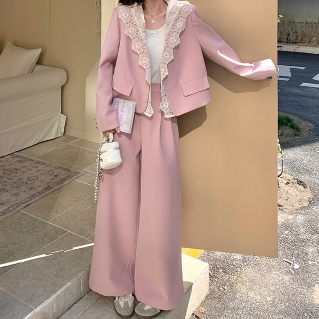 sweet lace trim blazer × wide pants【set up】  e2086