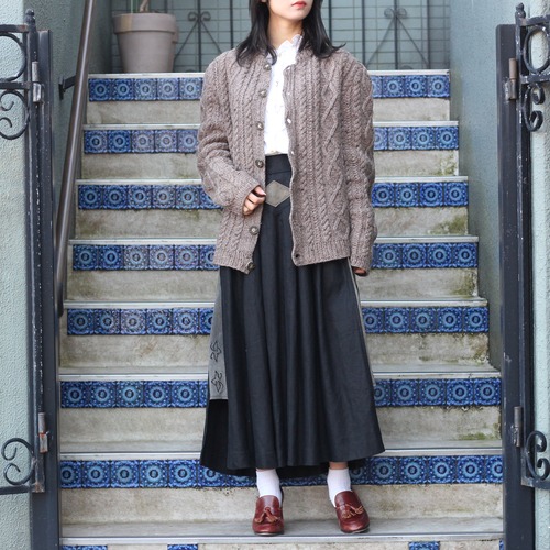 EU VINTAGE WOOD BUTTON CABLE DESIGN TYROLEAN KNIT CARDIGAN/ヨーロッパ古着ウッドボタンケーブルデザインチロリアンニットカーディガン