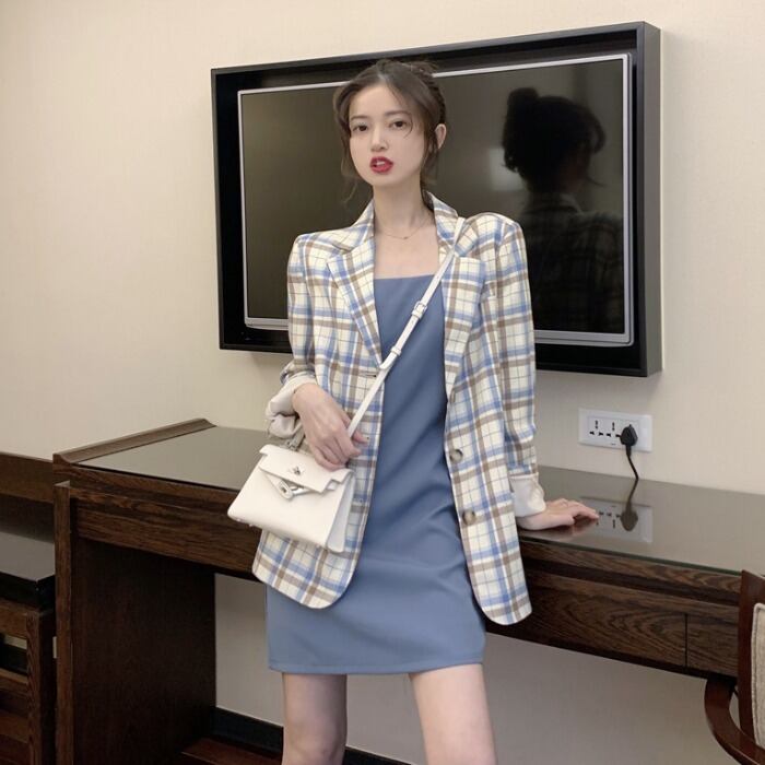 2020年春秋ドレス新レトロ香港フレーバーワイルドデザインセンス怠惰なスモールスーツチェック柄スーツジャケット女性トレンド YY-ファッション41287301445