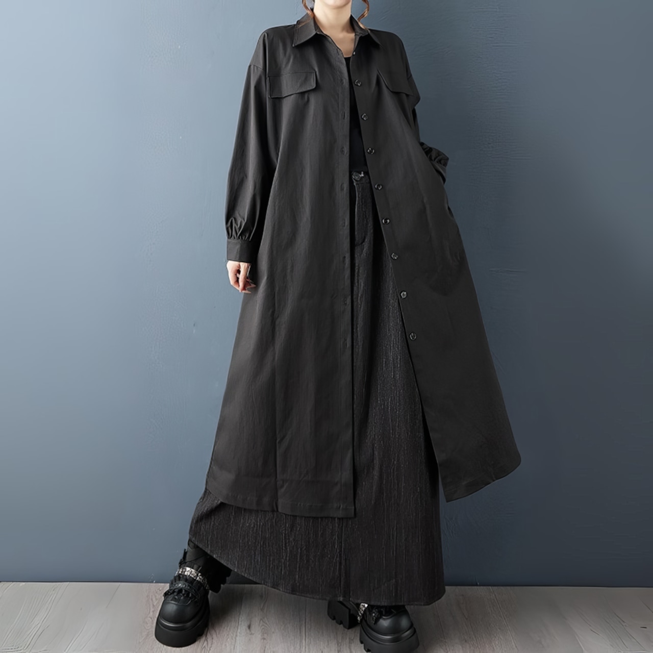 ブラック シャツ ロングワンピース 00247