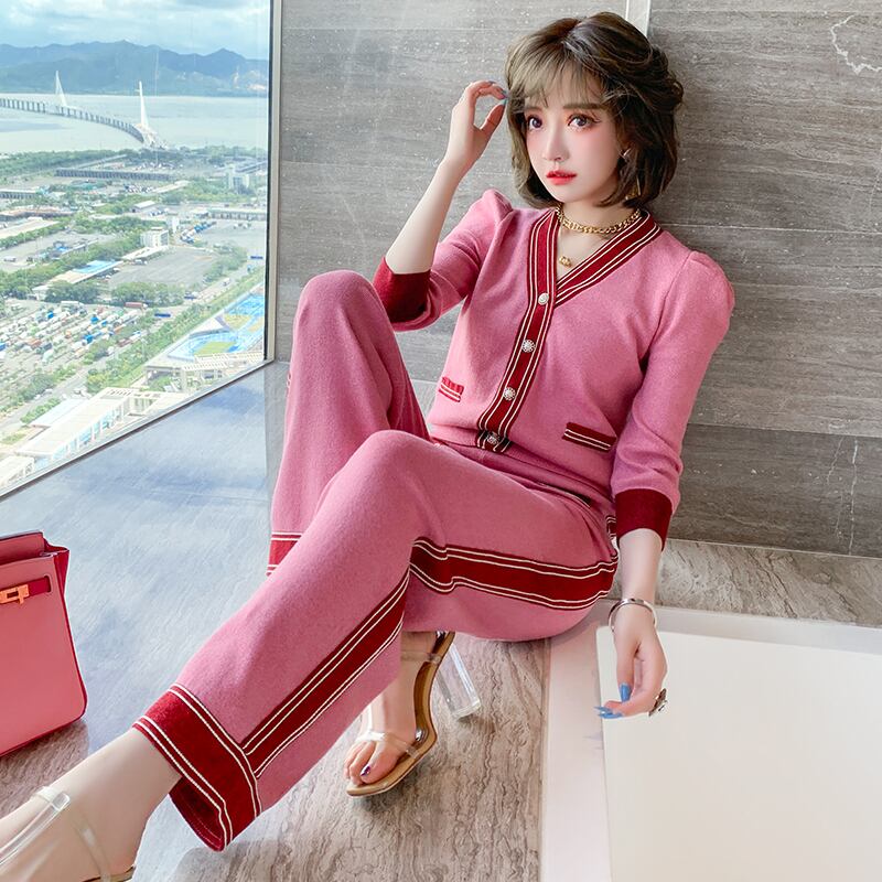 Vネックスリムニットカーディガンハイウェストウェストパンツ オータムスタイル 秋物 シルク MIUCO11517259946