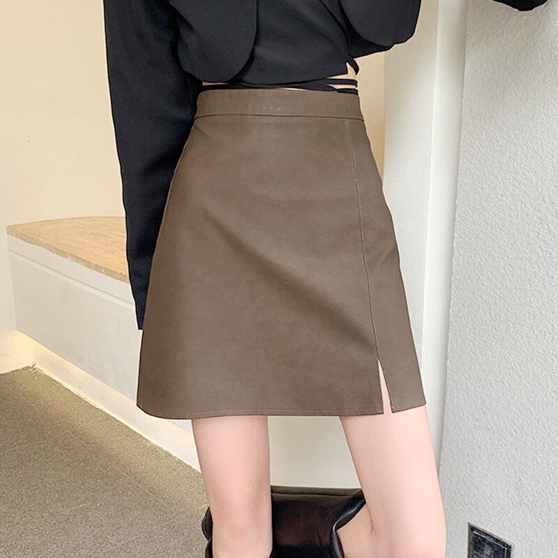 レザースカート スプリングオータムハイウェスト薄手Aラインショート 春物 秋物 試着室40958169851