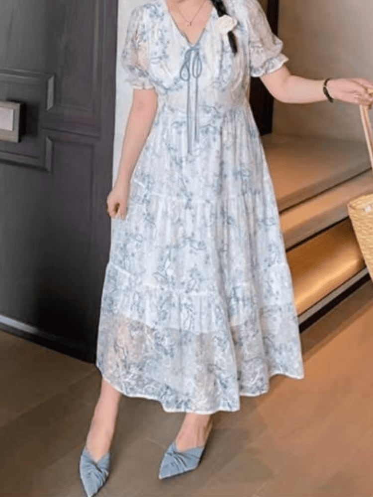 花柄シフォンティアードワンピース 半袖 ロング丈 フリル リボン フェミニン 上品 大人可愛い きれいめ 体型カバー 着映え 大きいサイズ 韓国 CH11573