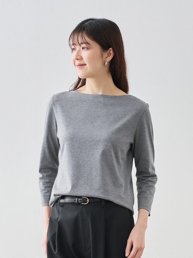 上質コットン100%のドレスTシャツ/ボートネック七分袖/杢グレー