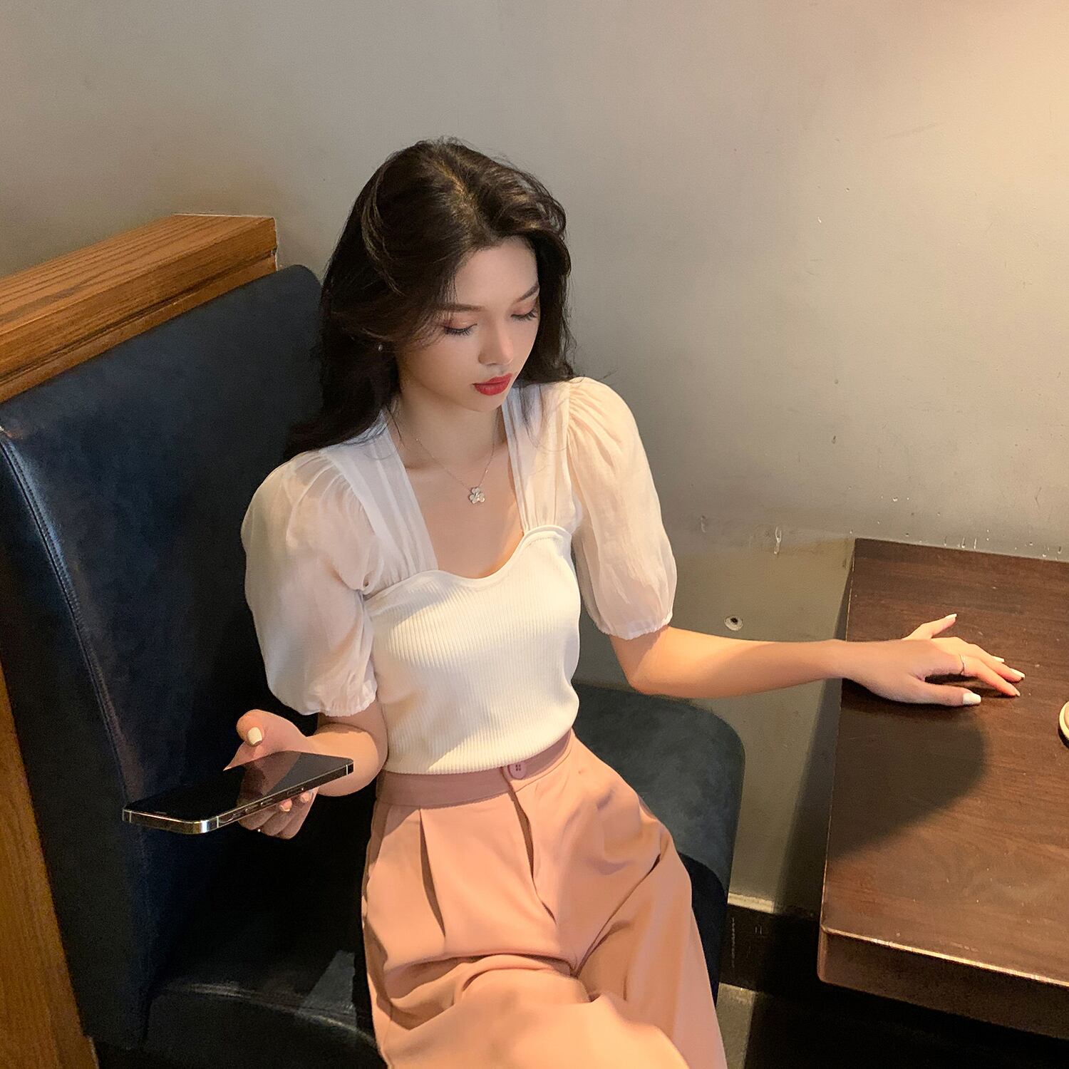 サマースタイルスタンダードスリーブメッシュニットセーター トップス レトロ 夏物 スクウェア ステッチ 6Du_Shop_Women93962837955