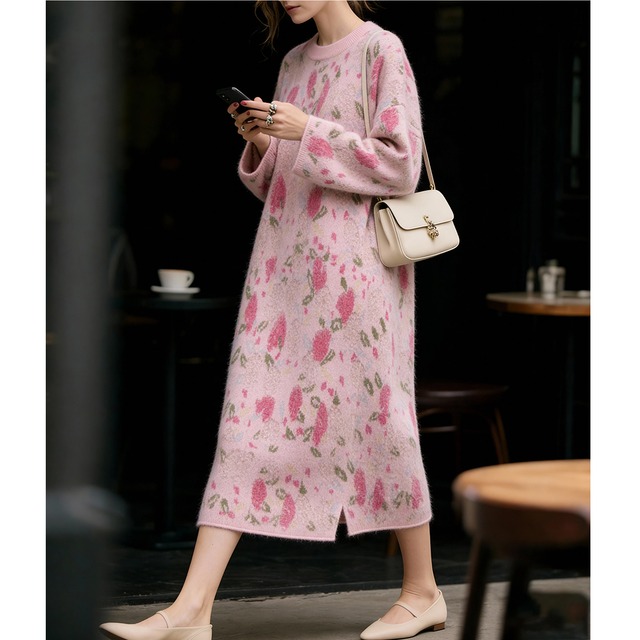 pink floral long sleeve sweater dress<d3260>