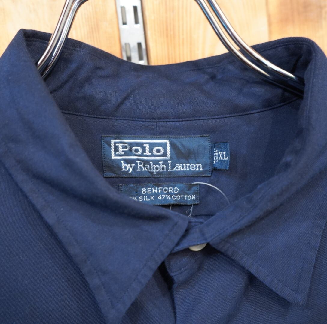 90s ralphlauren benford シルク コットン 長袖 シャツ XL/ネイビー