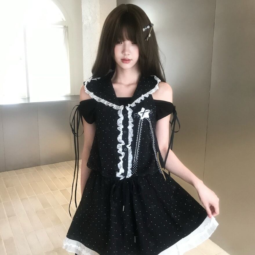 闇夜のゴシック魔女ドレスJSKブラウスセットアップ・ゴスロリ・ロリィタ ゴシック ロリィタ セットアップ｜星柄オフショルダー黒 上下セット