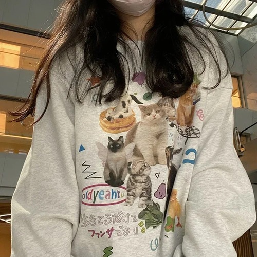 女性用長袖原宿スウェットシャツ、ミルクキャットプリントスウェットシャツ、美的グラフィックウェア、秋冬ファッションストリートウェア、y2k パーカー ジャージ ｙ２ｋ T240908141209_01