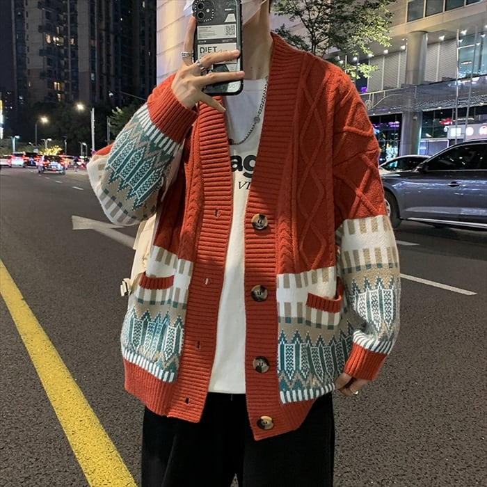XXL Patchwork Cable Knit Cardigan 店舗購入品