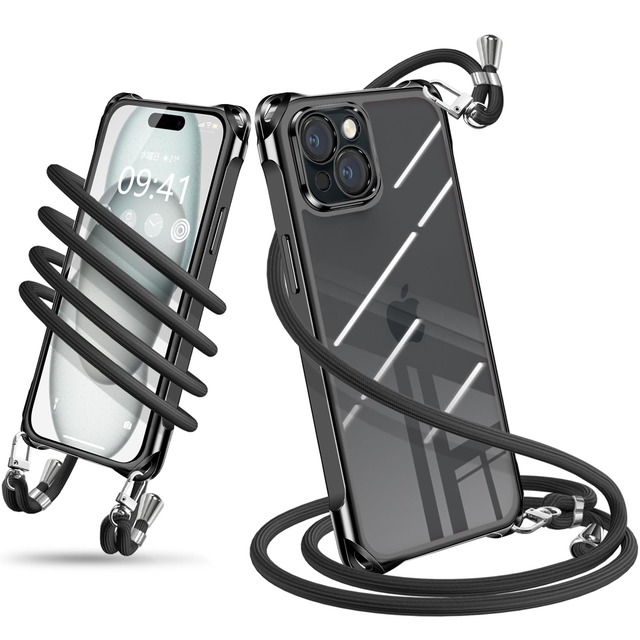 iPhone 15 向けの ケース ショルダー クリア 耐衝撃 アイフォン15 カバー(ブラック)