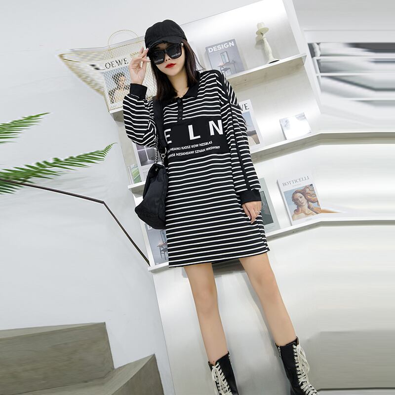 ストライプドレス秋プラスサイズ脂肪mmは薄いカバーミートスカート文字プラス脂肪でファッションラペルを増やす西洋のトレンド ミックスインファッション70429415193