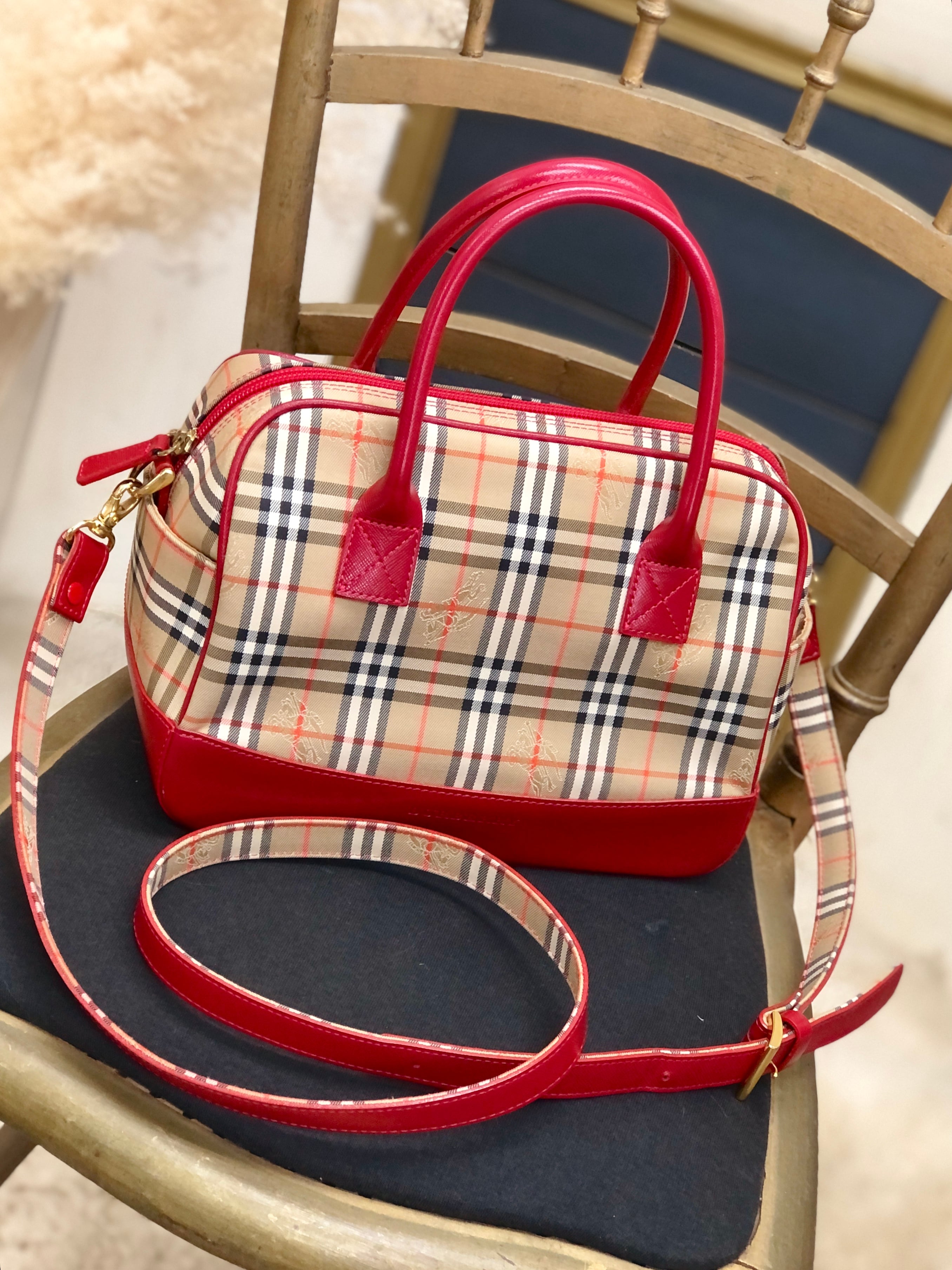 BURBERRY　バーバリー　クラシックチェック　レザー×キャンバス　2way　ボストンバッグ　ショルダーバッグ　ベージュ×レッド　vintage　 ヴィンテージ　オールド　8kwa2a | VintageShop solo powered by BASE