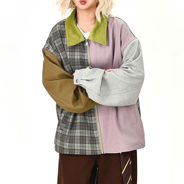 パッチワークチェックミックスブルゾン   R01459