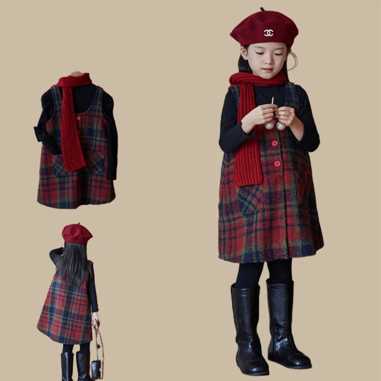 クリスマスレトロチェック柄ベストワンピース