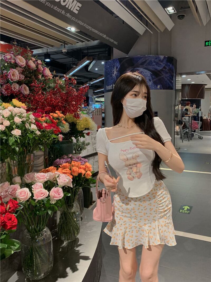 プリントTシャツ サマーショートスリムトップス 大人ガーリー スウィート キュート カジュアル 夏物 ピュア ブラックストロベリース85751446674