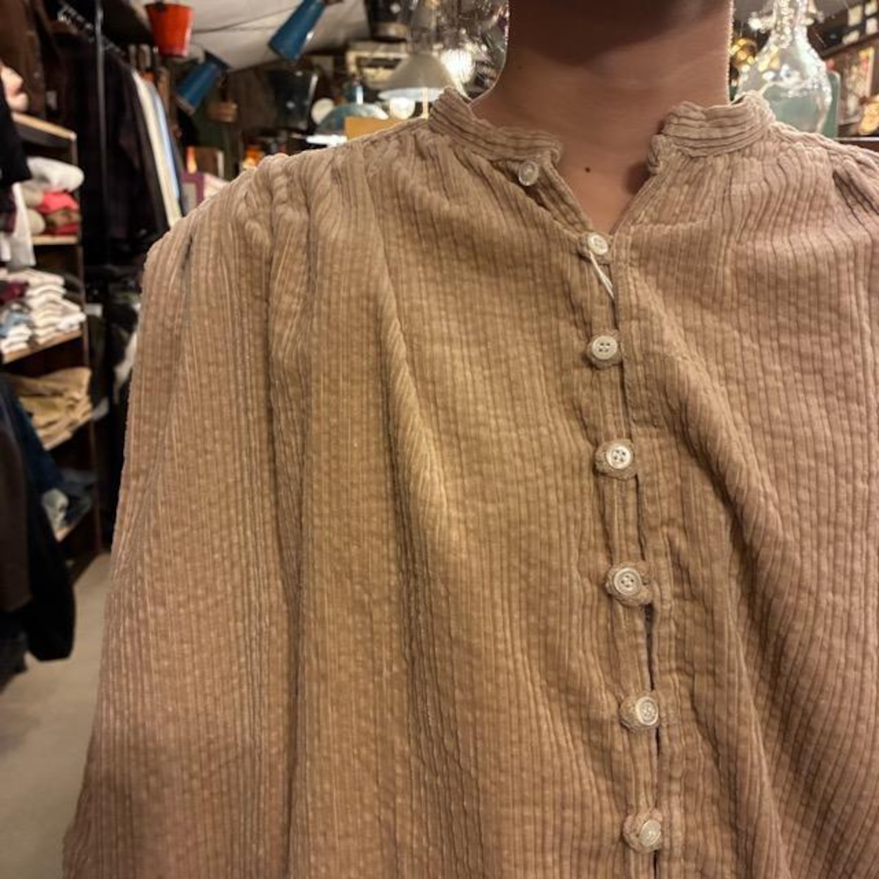 UNIVERSAL TISSU Parent-Child Corduroy Shirred Blouse, Beige/Brown, Long Sleeve Blouse, Balloon Sleeves, Oversized