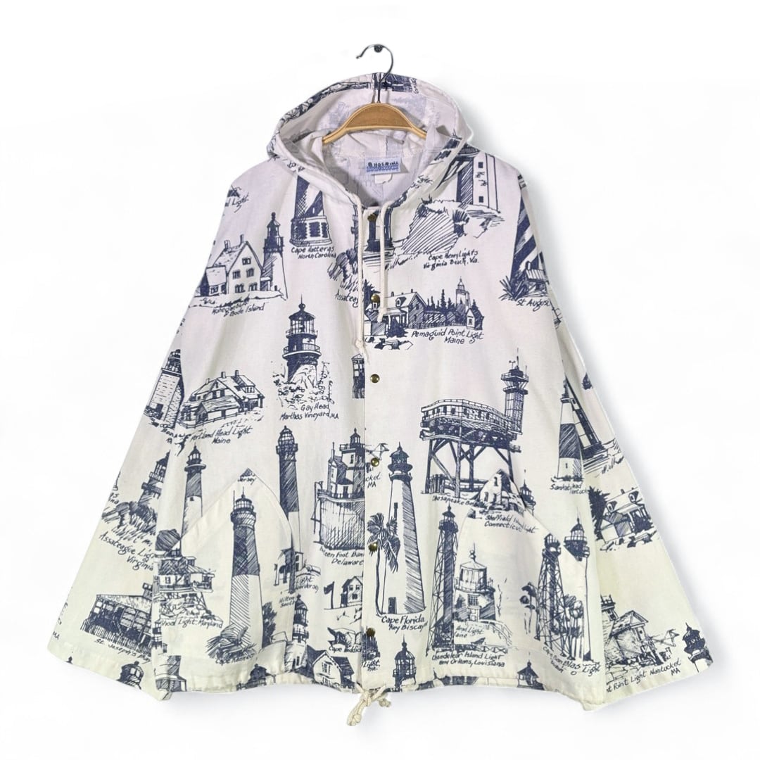 90s ミシガンラグ USA製 総柄 灯台 コットンジャケット コットンパーカー ヴィンテージ ホワイト MICHIGAN RAG サイズXL 古着 DZ0757