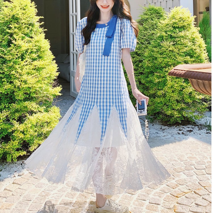 Gingham check lace trim dress 00366