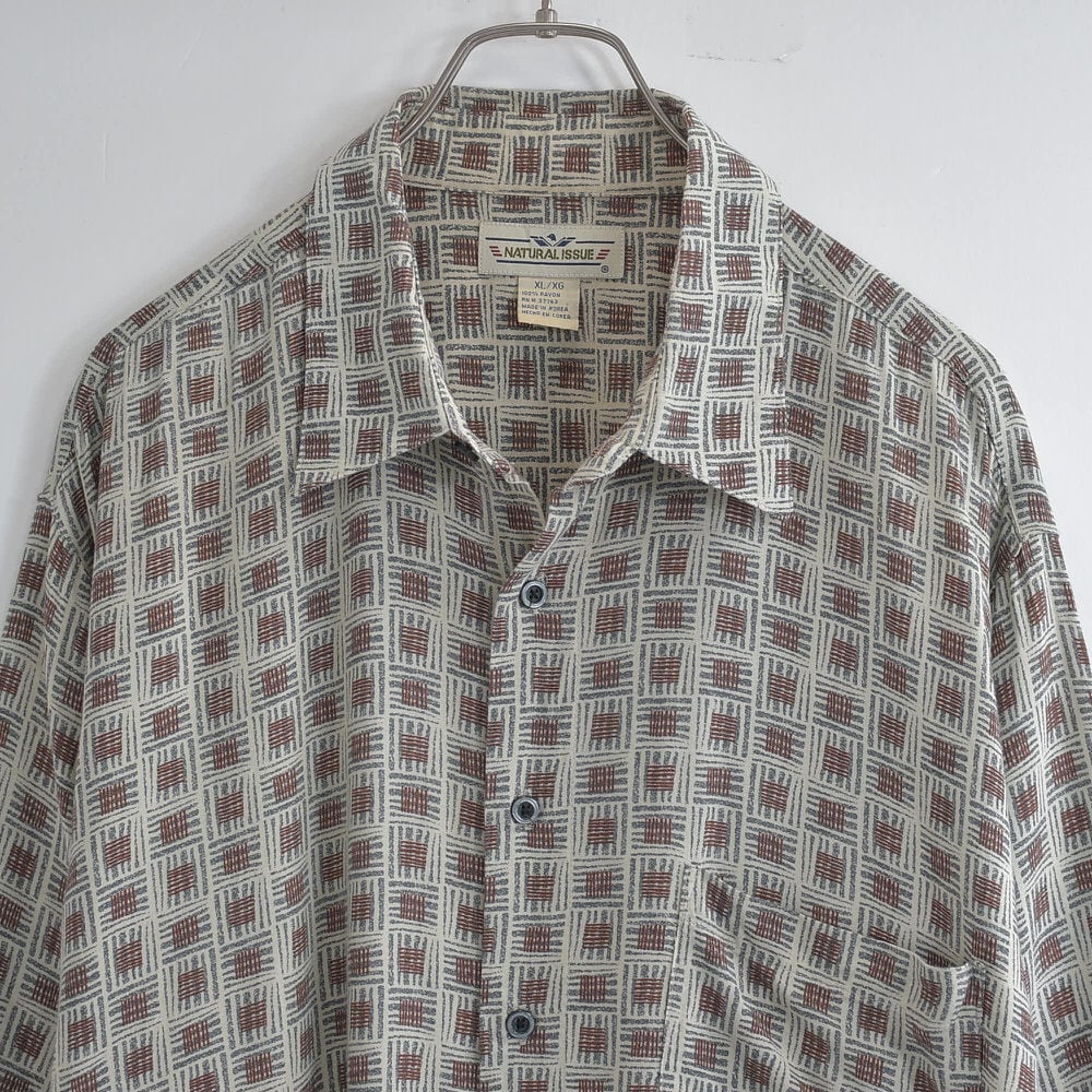 90s~ NATURAL ISSUE ナチュラル・イシュー バスケット柄 総柄 レーヨンシャツ ヴィンテージ 半袖 ボックス ビンテージ USA アメリカ古着 メンズXLサイズ