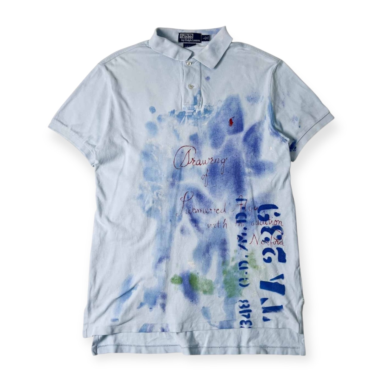 90s Polo by Ralph Lauren ポロラルフローレン CUSTOM FIT ペイント アート デザイン 鹿の子 半袖 ポロシャツ L/水色 メンズ インパクト21 ビンテージ
