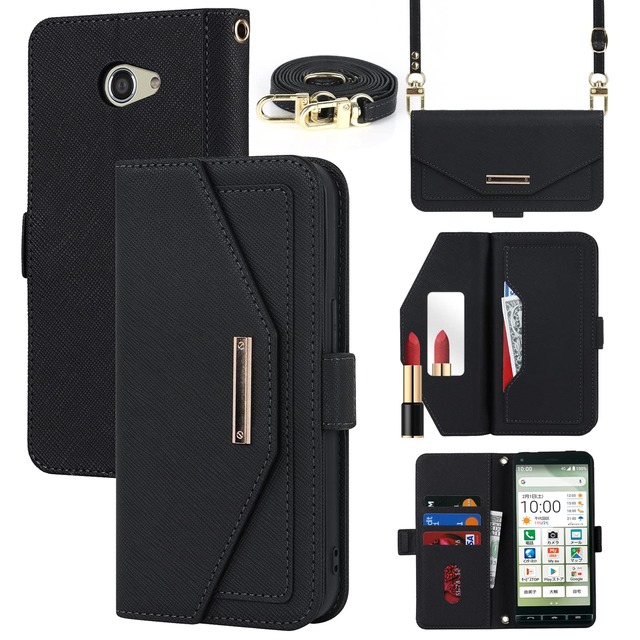 BASIO4 KYV47 ケース 手帳型 かんたんスマホ2+ A201KC かんたんスマホ2 A001KC 財布型 通用 携帯カバー バッグ マグネット留め具 肩がけ 首掛け 斜め掛け カードケース SunYoo Case カード収納 横置き スタント PUレザー KYOCERA BASIO 4 ブラック