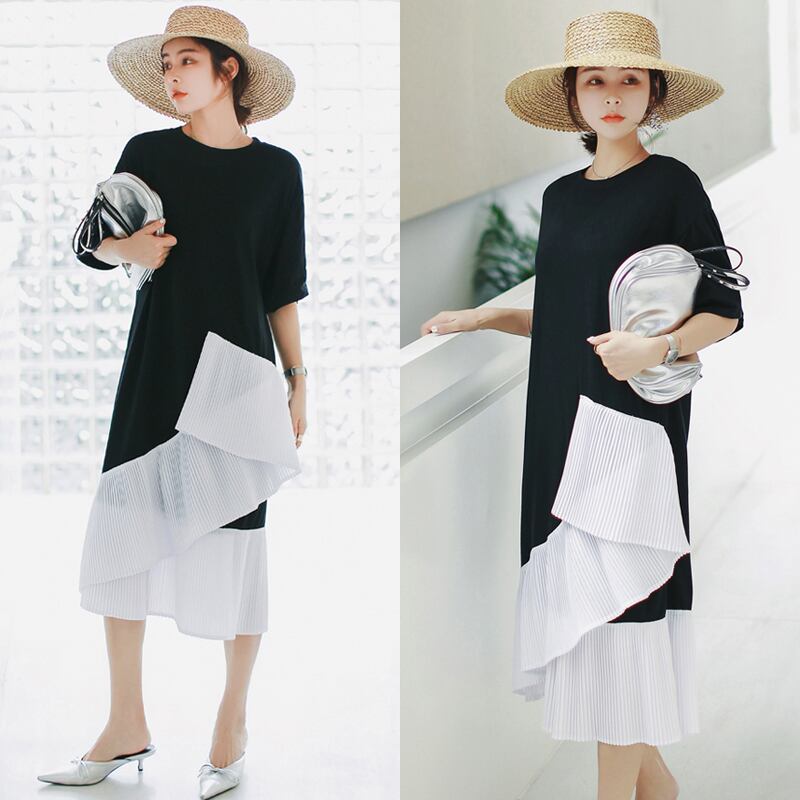 【新作】【送料無料】 サマーマタニティイレギュラーヘムコットンパッチワークプリーツシフォンスプリットルーズ半袖ドレスマタニティドレス ショート ハーフスリーブ 夏物 AL expec376069124441