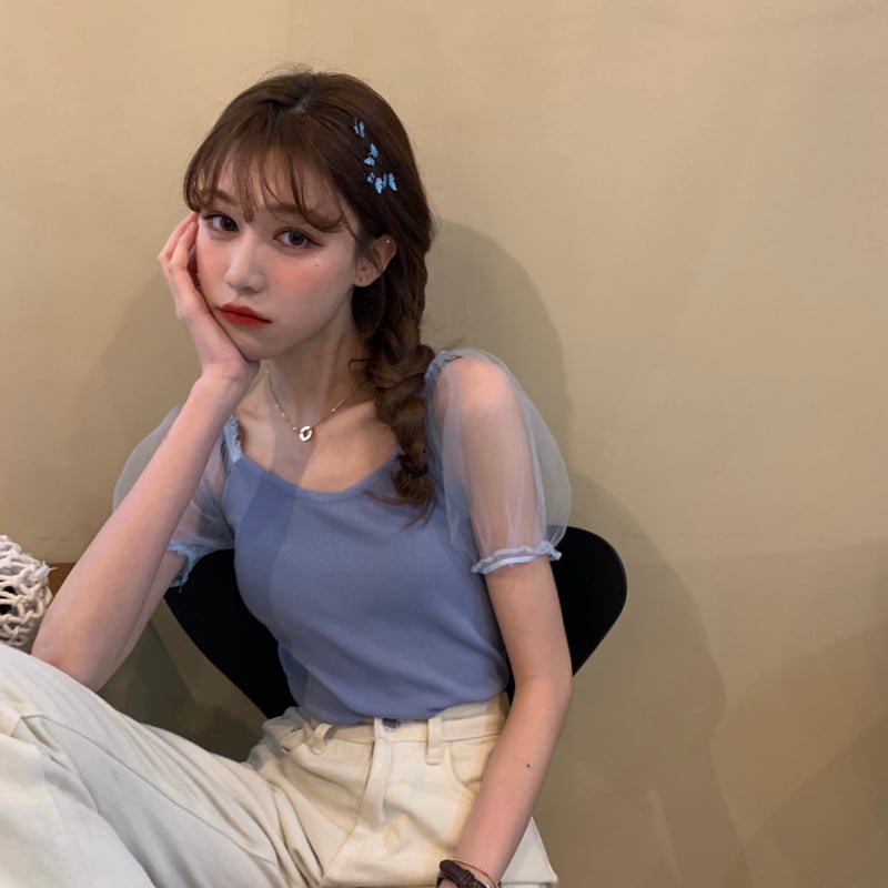 2020年秋冬新作ブルーパフスリーブショートハイウエストトップスレディーススリムメッシュステッチ半袖セータートレンド YY-ファッション48380428654