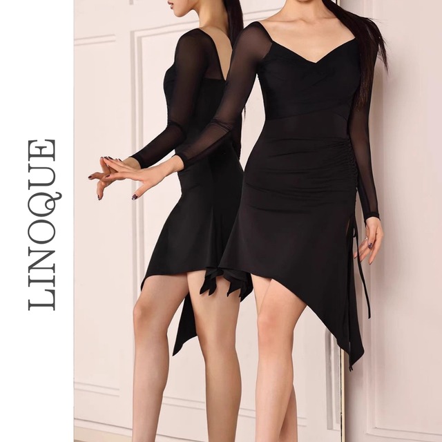 メッシュスリーブペンタゴンネックショートドレス 2color【L00156】