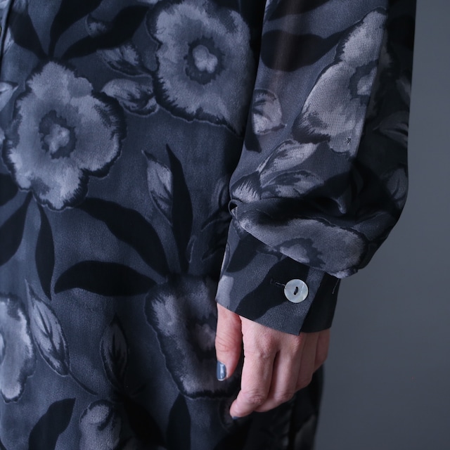 monotone flower pattern loose silhouette see-through shirt