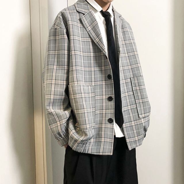 【予約販売】ジャケット メンズ グレンチェック柄 ブルーグレー ベージュ ドレスアップ シック こなれ感 お洒落 パーティー 結婚式 二次会 パーティー エレガント 韓国 トレンド 春 S/M/L/XL/2XL
