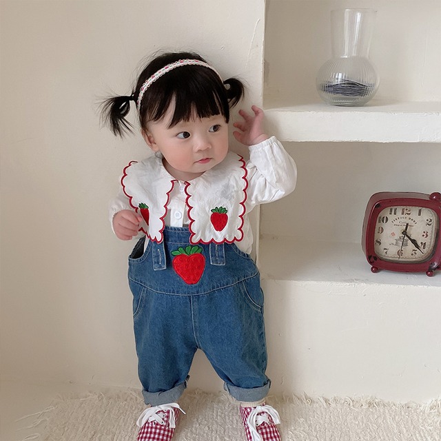 【BABY&KID】春新作INS映えイチゴロゴフリルカラーシャツORサロペット