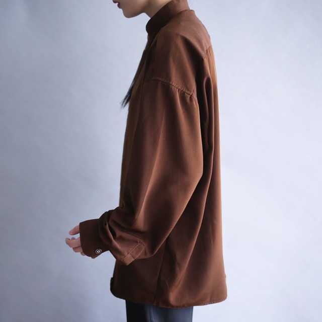 "刺繍" grid pattern fly-front minimal design loose band-collar shirt