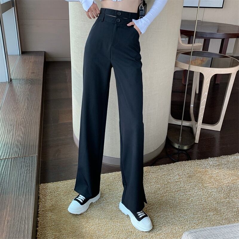 ウエストドレープカジュアルルーズストレートレッグスーツパンツレディース2020秋新作ブラックワイルドパンツスリムパンツ ブラックストロベリース92225828368