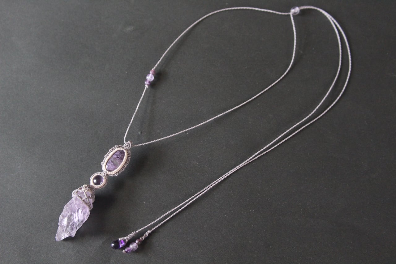 Etched Amethyst & Charoite & amethyst micro macrame purple pendant